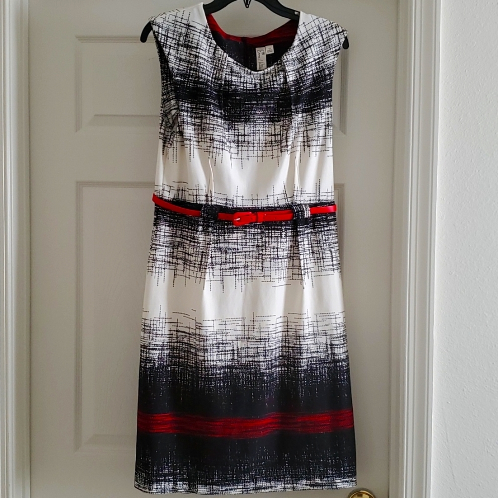 Emma and Michele Red, Black and off White dress with red belt. Size 12.